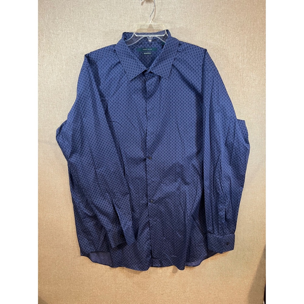 Perry Ellis Mens 2XLT Dress Shirt Navy Blue Geometric Non Iron Stretch LS